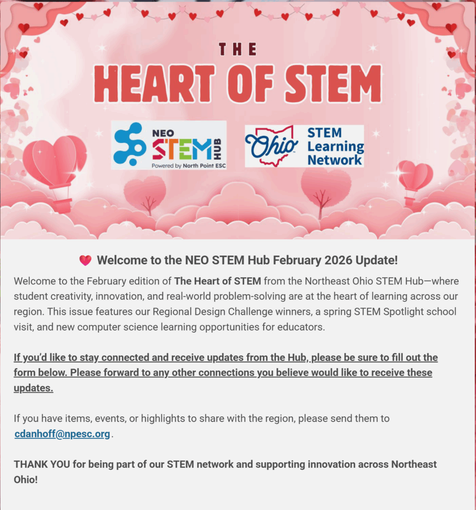 Cover of February STEM newsltter with a Valentine's Day theme.